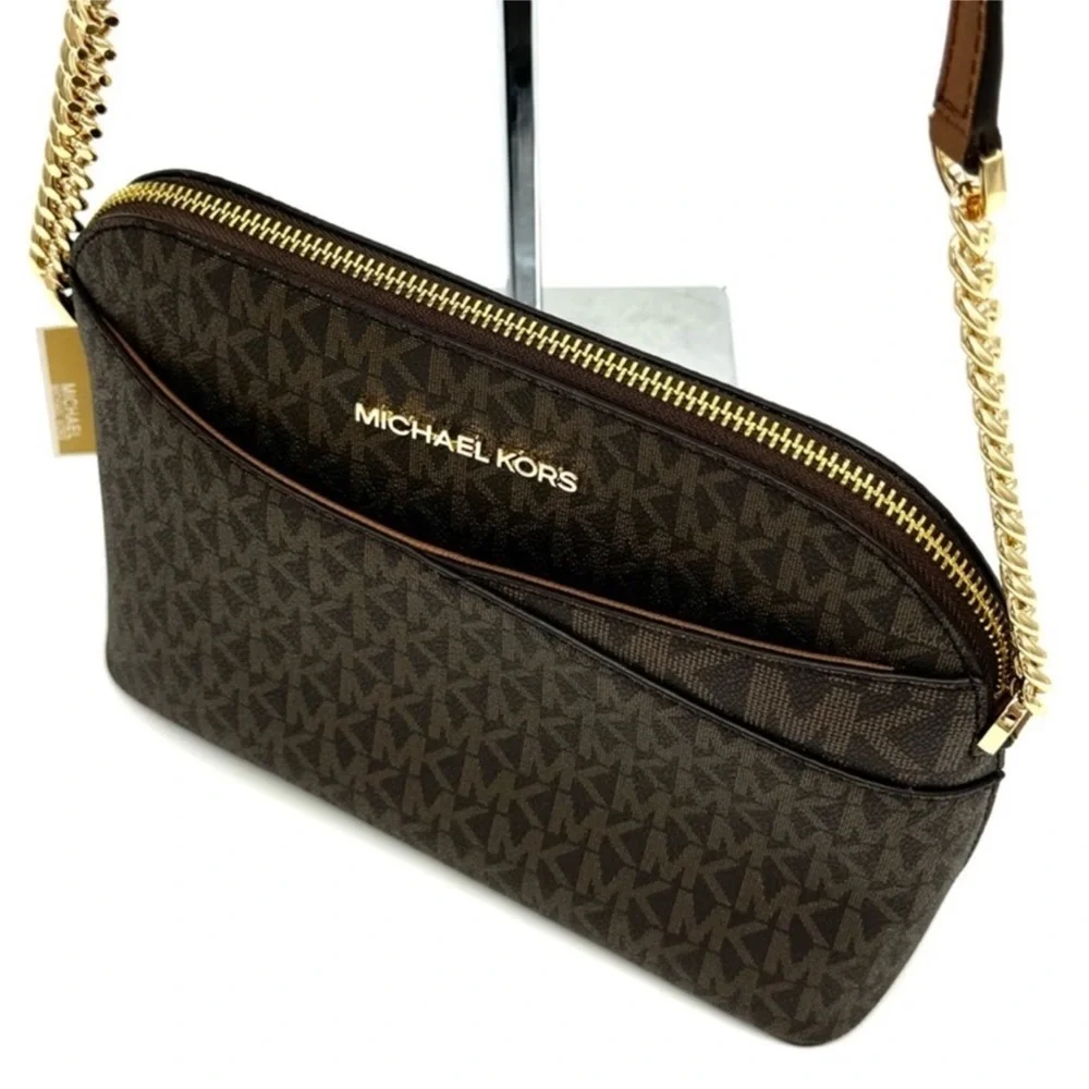 MICHAEL KORS Jet Set Travel Medium Dome Crossbody Bag & Double Zip Wallet Brown